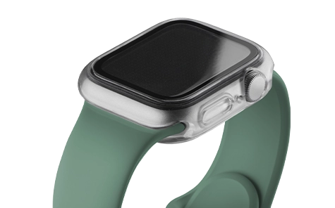 Szczegółowy widok Apple Watch z zielonym paskiem i etui ochronnym Hama do Apple Watch 7 / 8 / 9