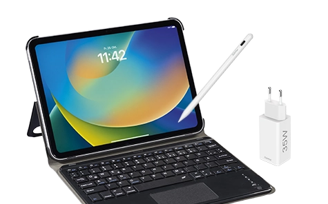 Etui na tablet Hama „Premium”, pokrowiec z klawiaturą, pióro Hama „Scribble” do tabletów Apple iPad, szybka ładowarka Hama + kabel, 2x USB-C PD, QC, mini ładowarka, 35 W, 1 m